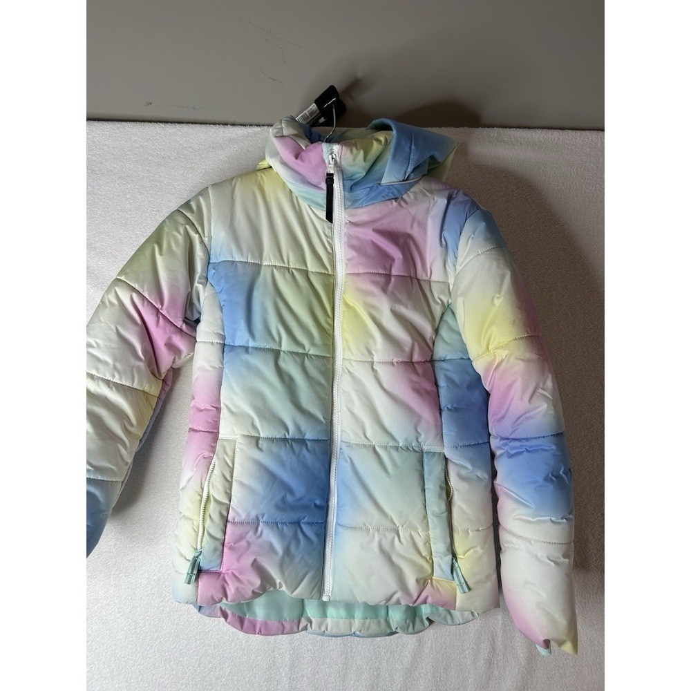 All In Motion Girls Pastel Rainbow Tie-Dye Puffer Jacket Coat hooded size Large
